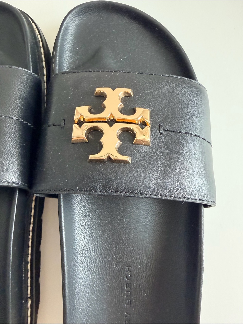 Tory Burch Black Leather Slide Sandals with Gold Emblem - Picture 3 of 5